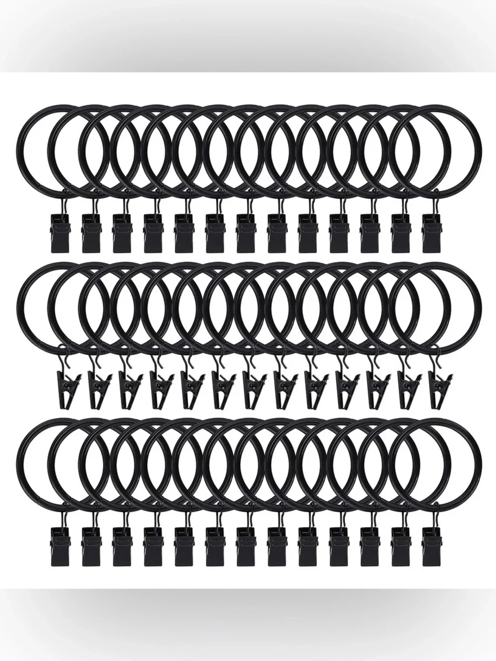 1.5” Metal Curtain Rings with Clips for 1”Tension Rod 44pcs - BLACK MATTE